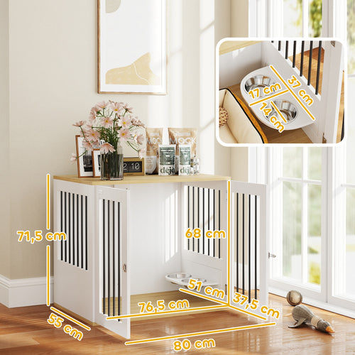 Cage pour chiens, table d'appoint, gamelles amovibles rotatives à 360° 2 portes pour chien moyenne 80x55x71,5cm blanc