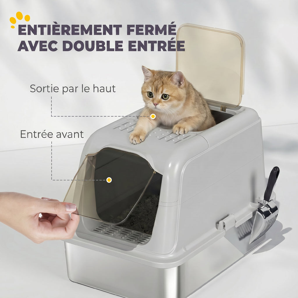 Maison de toilette fermée pour chat PawHut | Bac inox