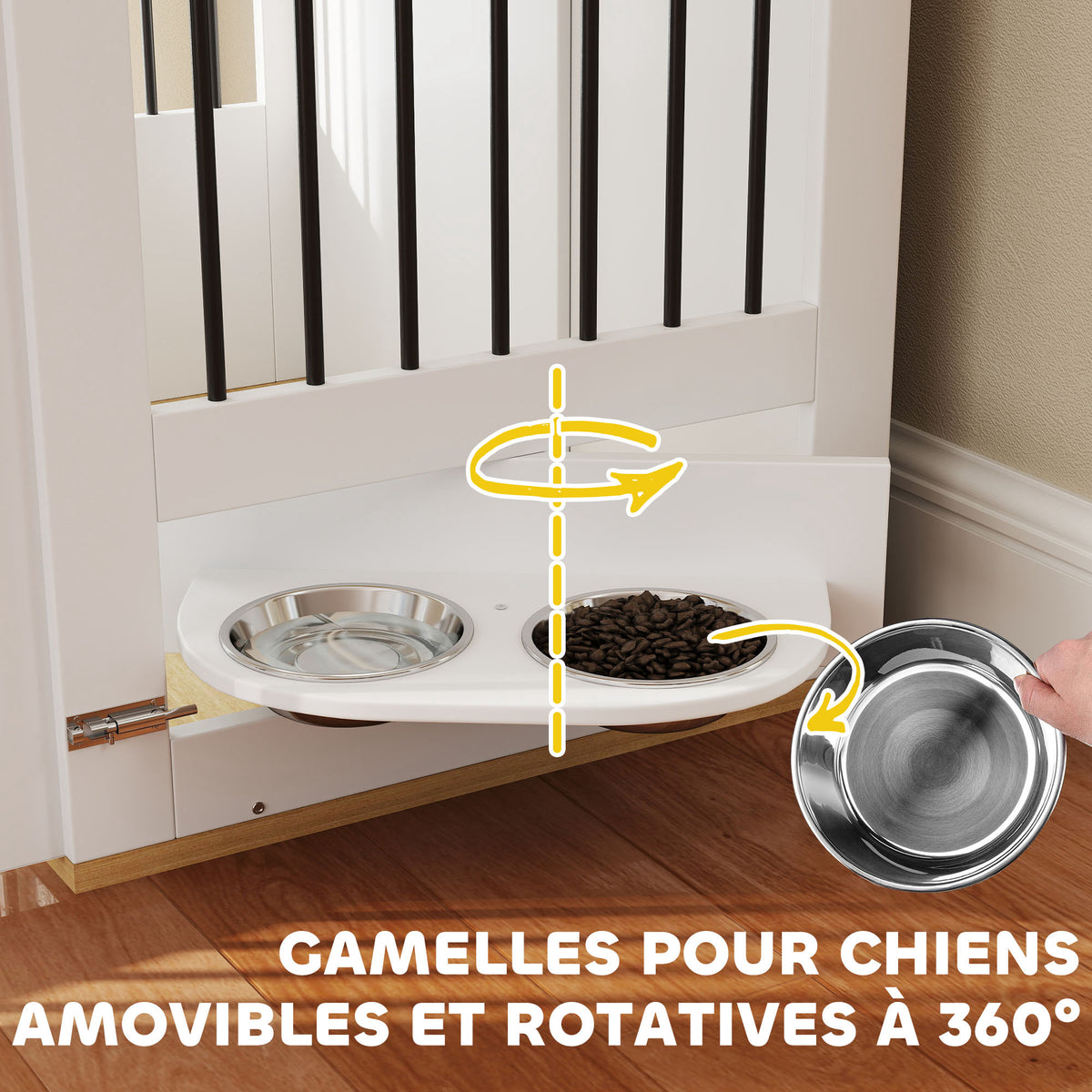 Cage pour chiens, table d'appoint, gamelles amovibles rotatives à 360° 2 portes pour chien moyenne 80x55x71,5cm blanc