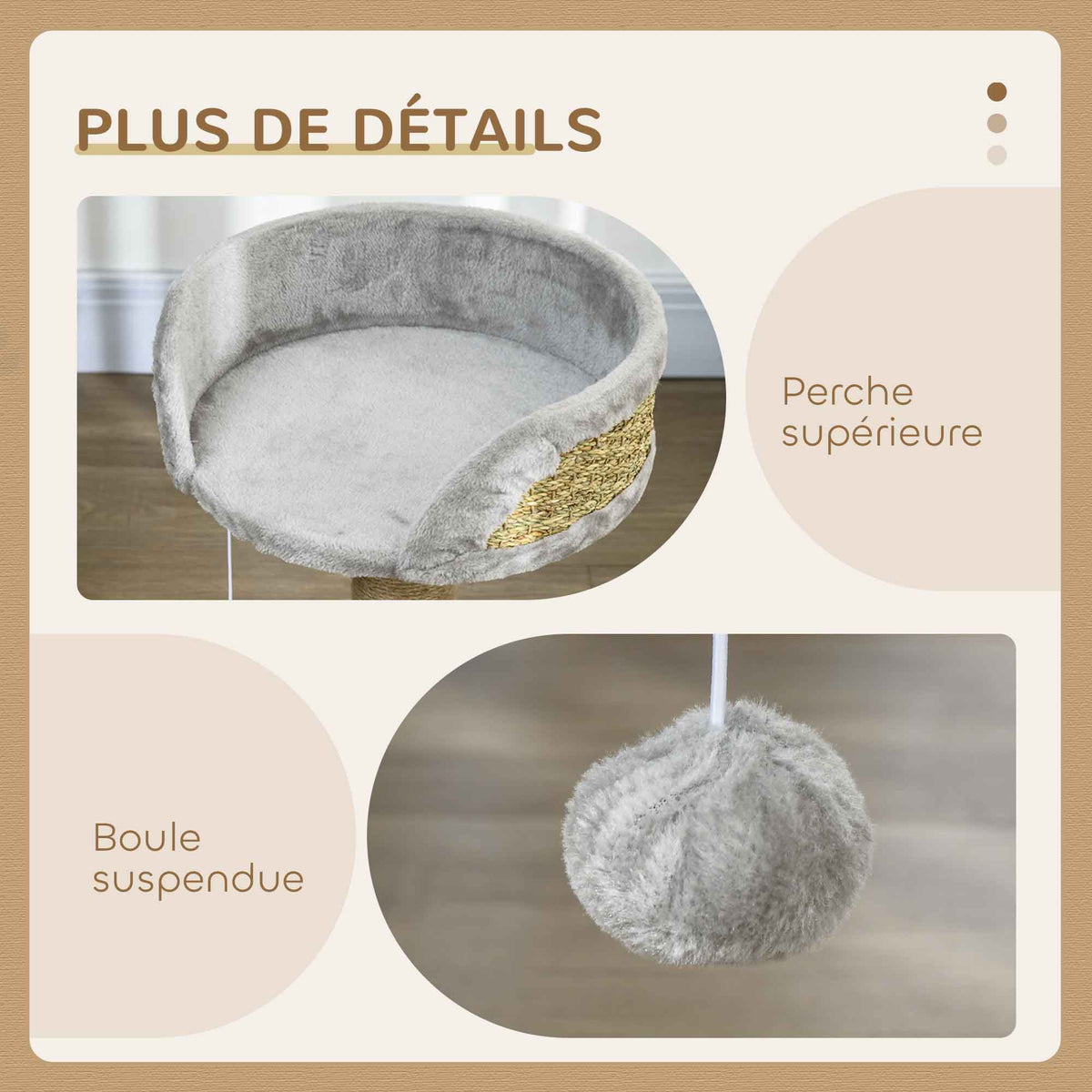Arbre à chat arbre à grimper grattoir design jeu pompon suspendu + plateforme peluche 40 x 40 x 49 cm jute gris