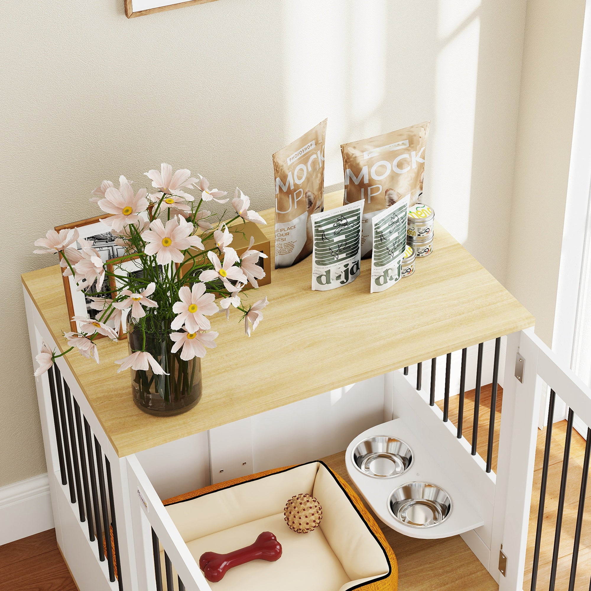 Cage pour chiens, table d'appoint, gamelles amovibles rotatives à 360° 2 portes pour chien moyenne 80x55x71,5cm blanc