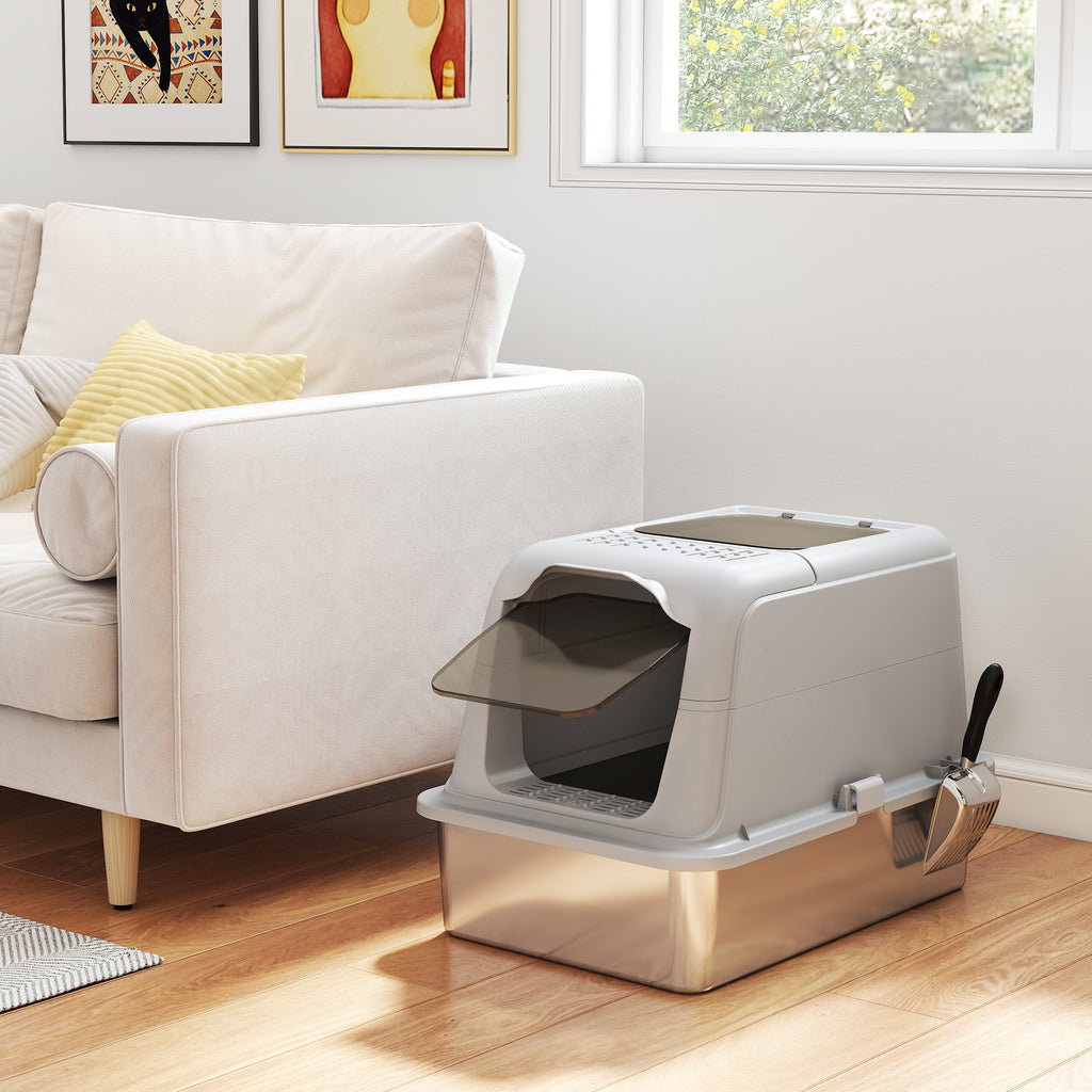 Maison de toilette fermée pour chat PawHut | Bac inox