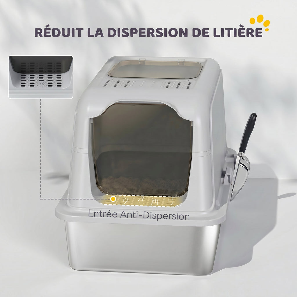 Maison de toilette fermée pour chat PawHut | Bac inox