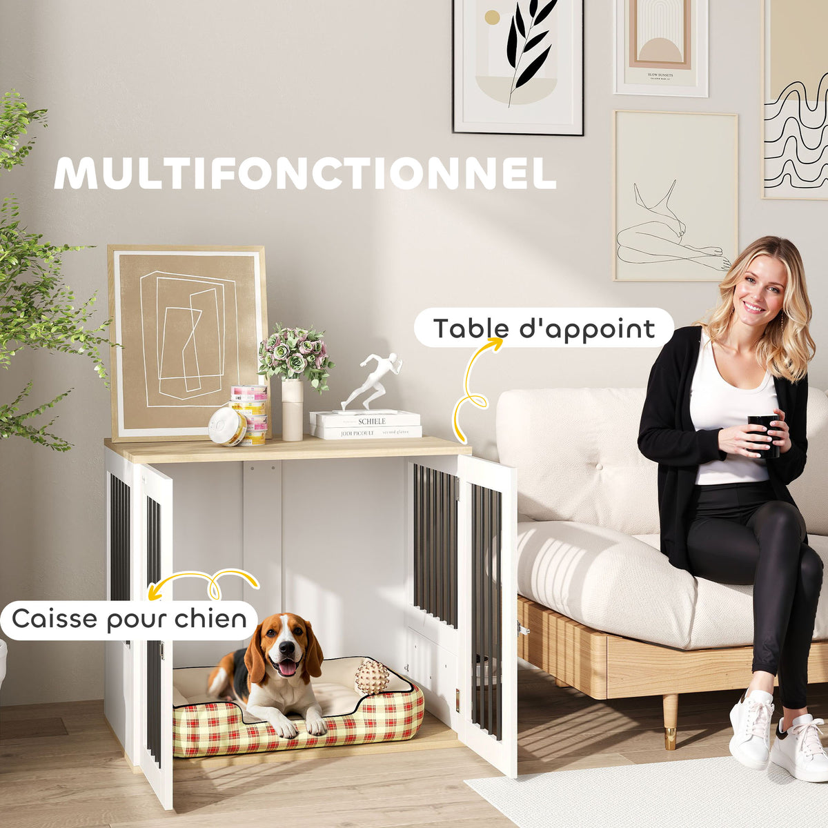 Cage pour chiens, table d'appoint, gamelles amovibles rotatives à 360° 2 portes pour chien moyenne 80x55x71,5cm blanc