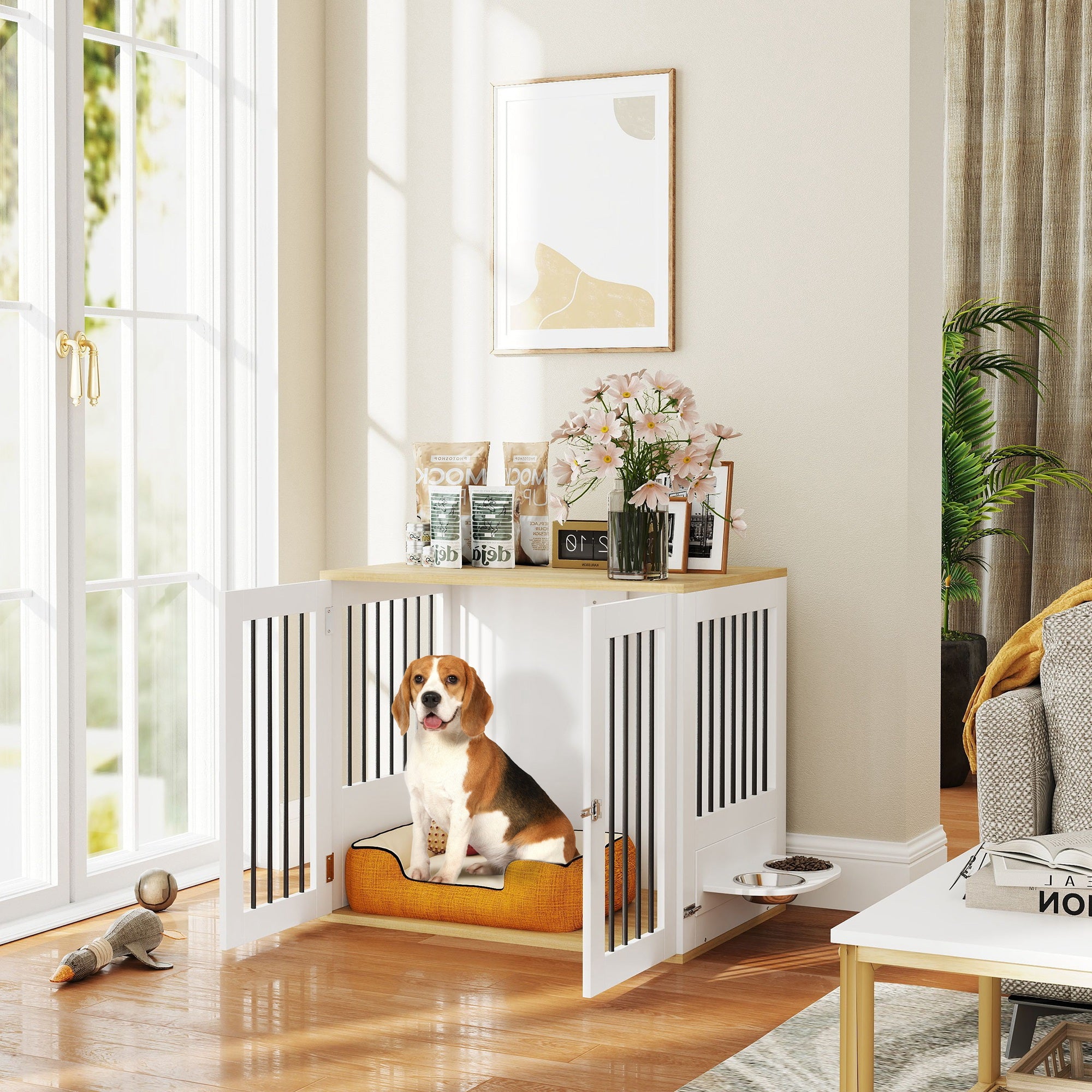 Cage pour chiens, table d'appoint, gamelles amovibles rotatives à 360° 2 portes pour chien moyenne 80x55x71,5cm blanc