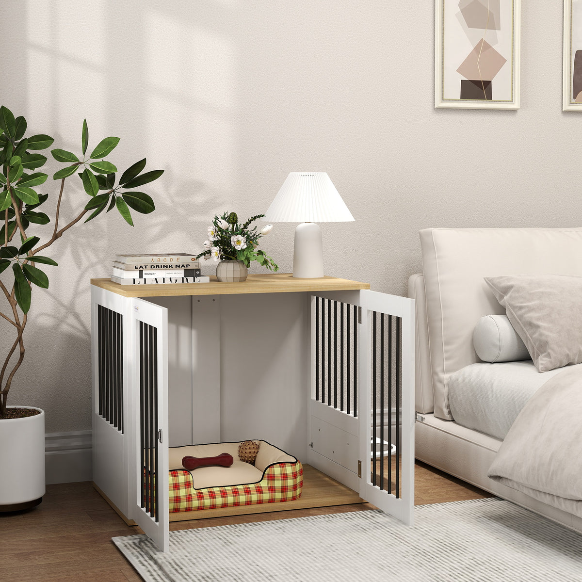 Cage pour chiens, table d'appoint, gamelles amovibles rotatives à 360° 2 portes pour chien moyenne 80x55x71,5cm blanc