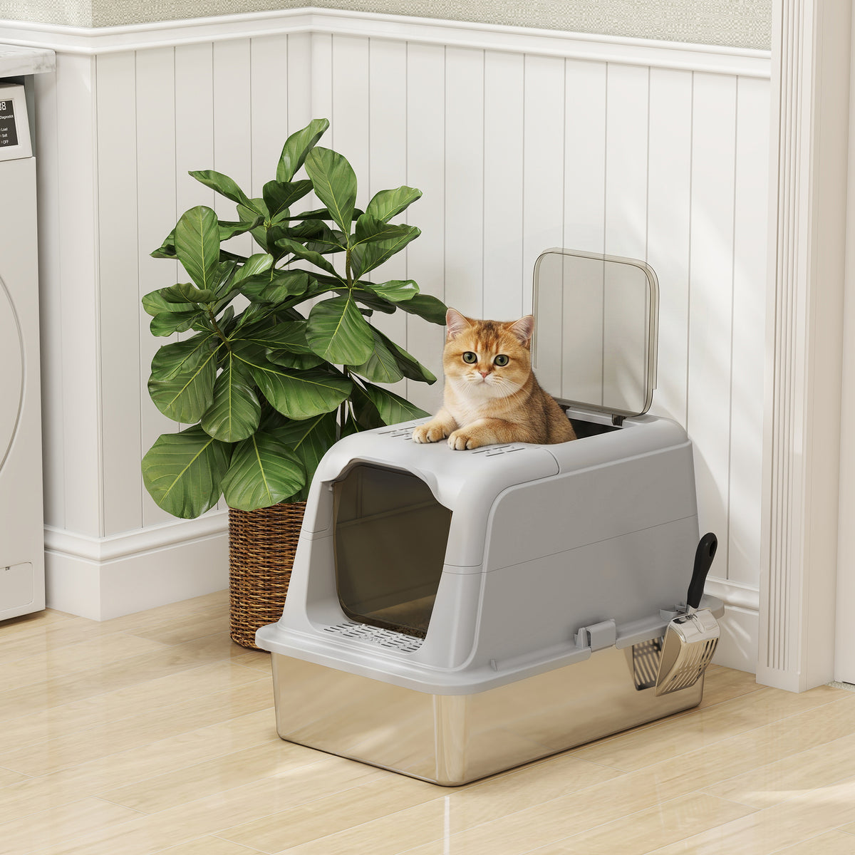 Maison de toilette fermée pour chat PawHut | Bac inox