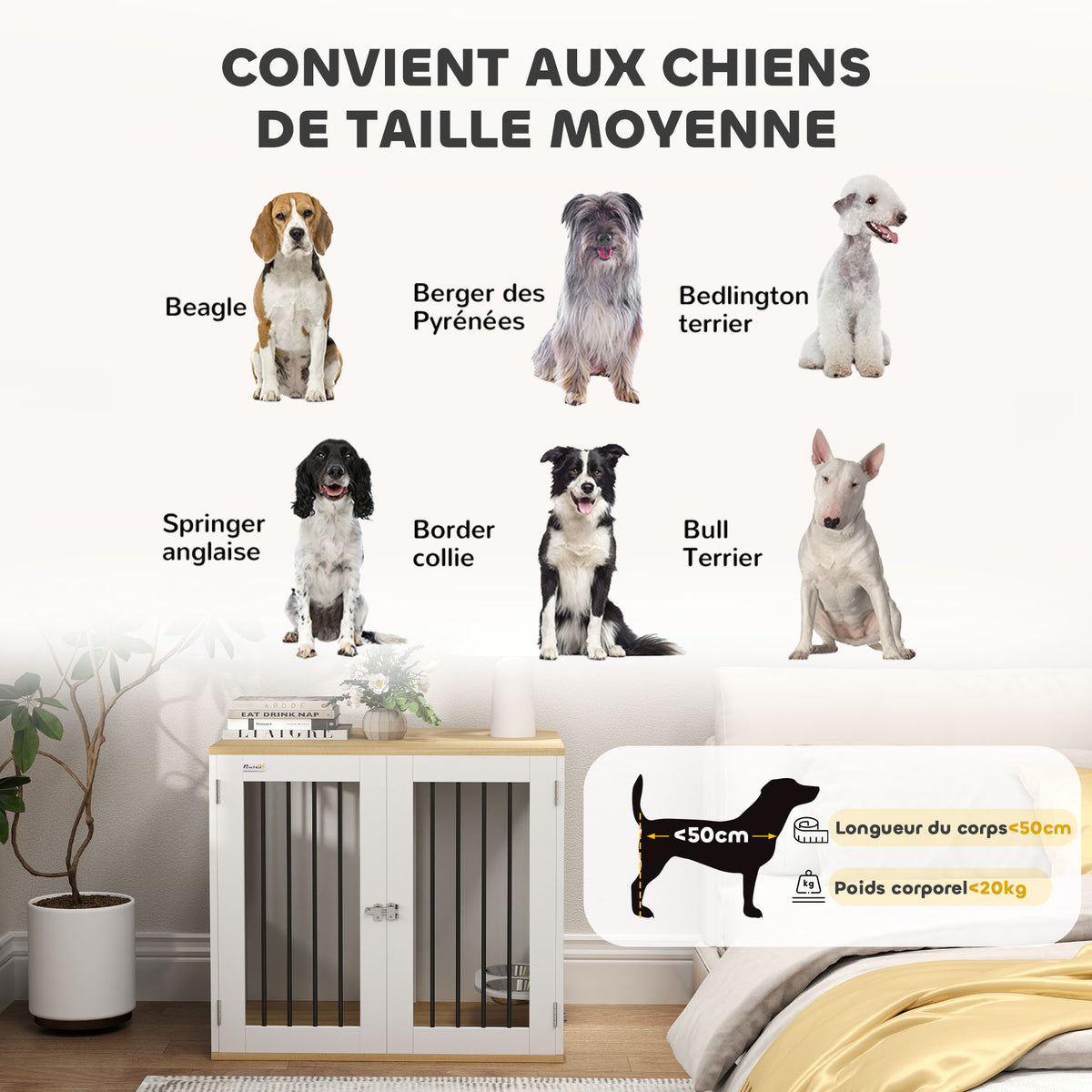 Cage pour chiens, table d'appoint, gamelles amovibles rotatives à 360° 2 portes pour chien moyenne 80x55x71,5cm blanc