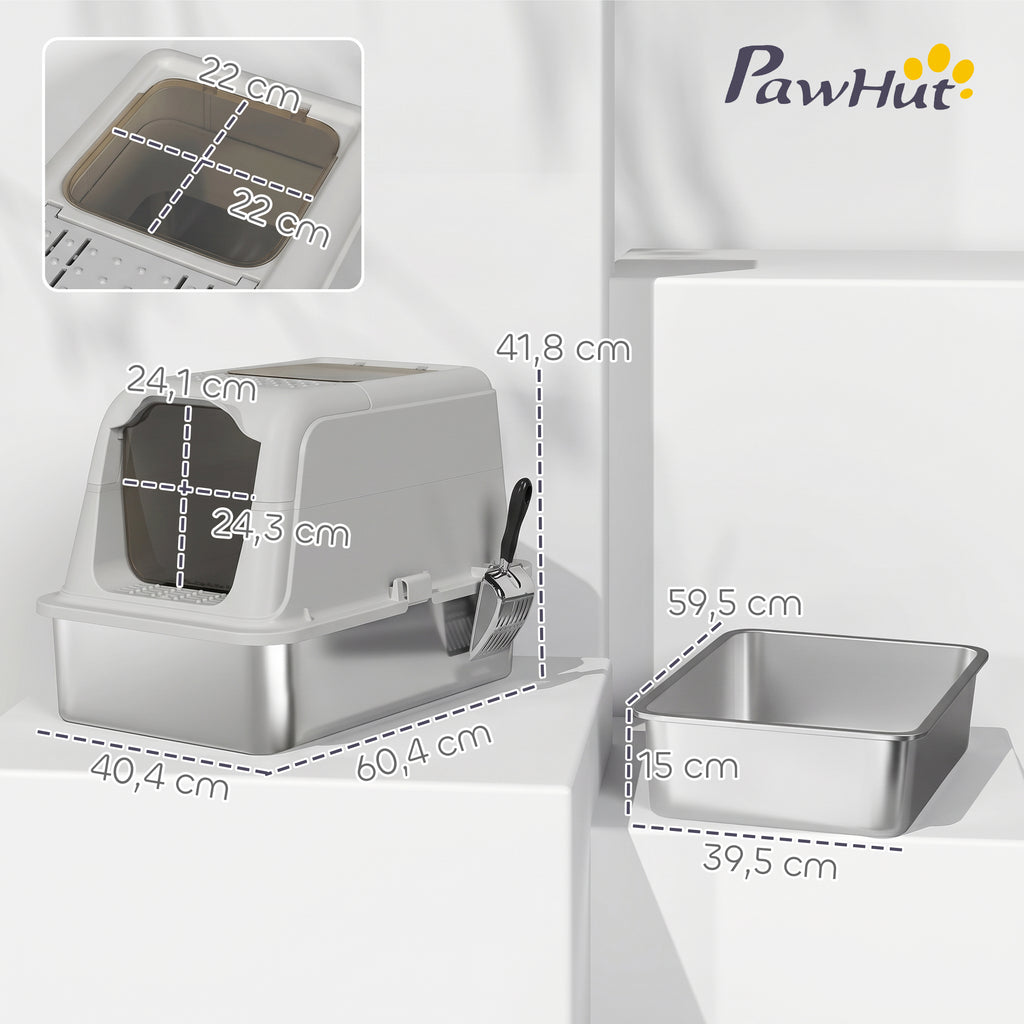 Maison de toilette fermée pour chat PawHut | Bac inox