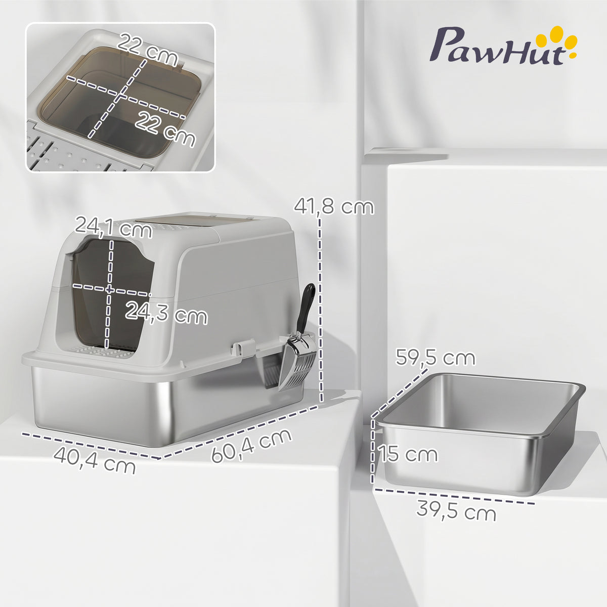 Maison de toilette fermée pour chat PawHut | Bac inox